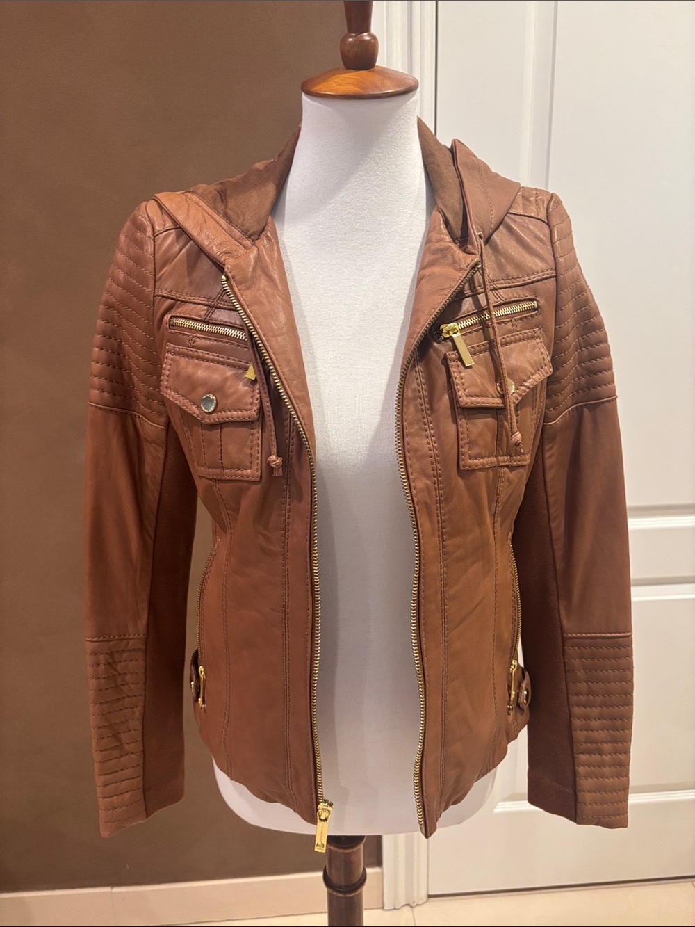 Michael Kors Cognac Hooded Leather Moto Jacket